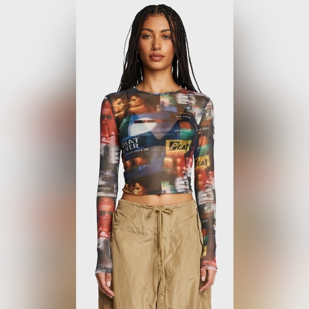 NWT Edikted Y2K Photo Print Mesh Long Sleeve Crop Top, Size S
